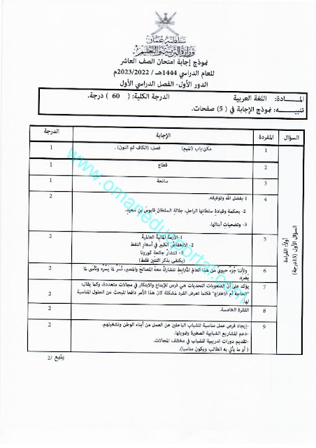 نموذج اجابة اختبار اللغة العربية للصف العاشر الفصل الاول الدور الاول 2022-2023