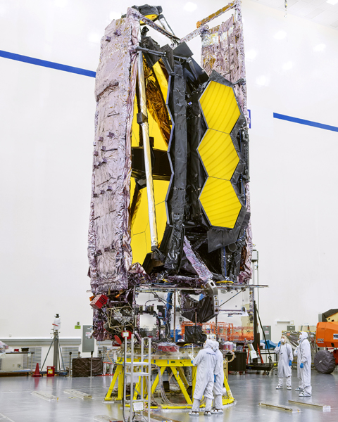 At the Northrop Grumman facility in Redondo Beach, California, NASA's James Webb Space Telescope is stowed in its launch configuration prior to being transported to Kourou, French Guiana to be prepped for flight aboard the European Space Agency's Ariane 5 rocket later this year.