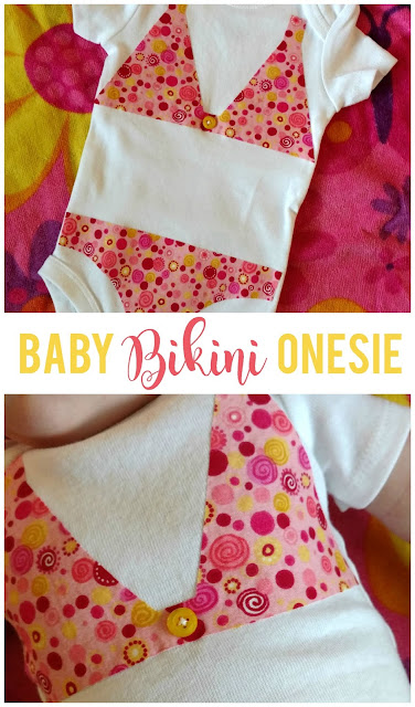 Oh my gosh, this is so cute!  This bikini baby onesie would be perfect as a baby gift.  So quick and simple!