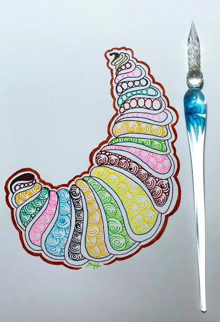 glass dip pen art using Liquitex inks, beautiful bright colors and pen shown