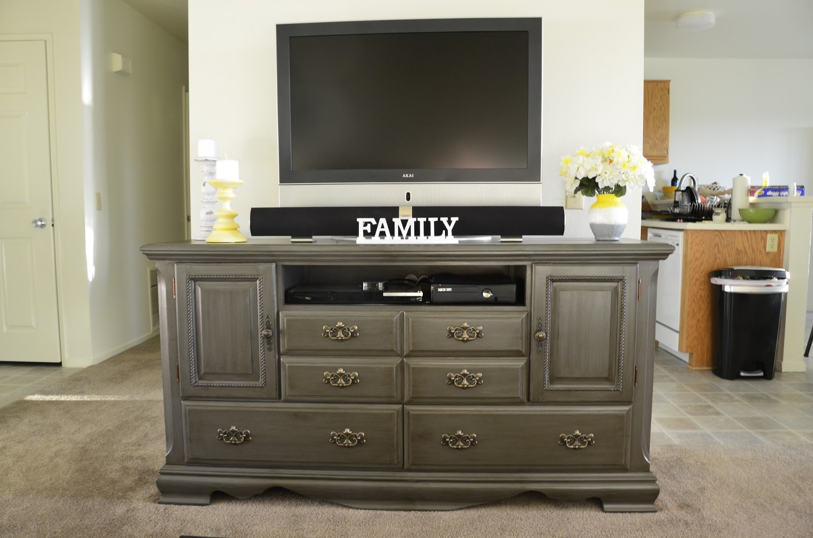 And I created this beautiful grey antique-style tv cabinet.