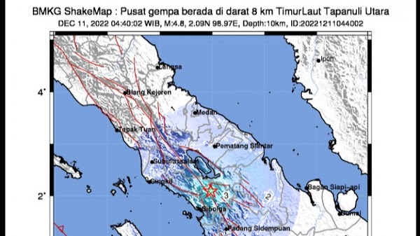 Gempa Hari Ini, Magnitudo 4,8 Guncang Kabupaten Tapanuli Utara