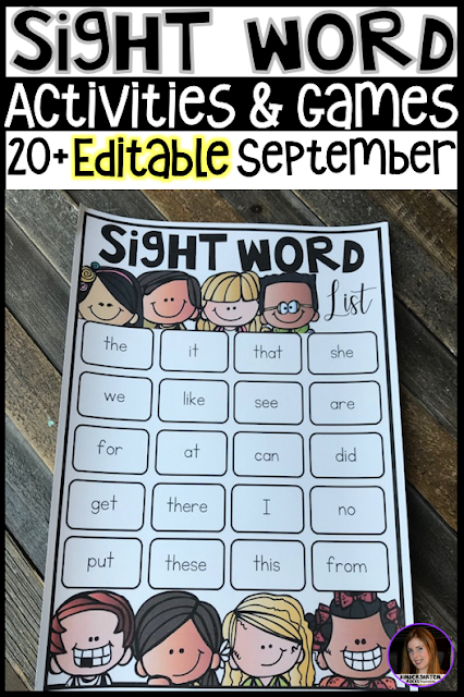 Are you looking for Back to School themed sight word activities that you can change to meet the needs of your kindergarten and/or first grade children?   Then, you will love Editable Sight Words Printables, Activities and Games for September.  Type in 20 sight words on one list and they will spread throughout all of the activities. 