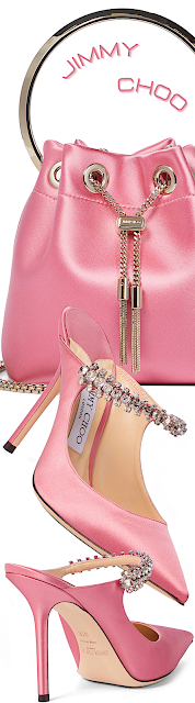 ♦Jimmy Choo pink Bon Bon satin bag and pink Bing embellished satin mules #jimmychoo #bags #shoes #pink  #brilliantluxury