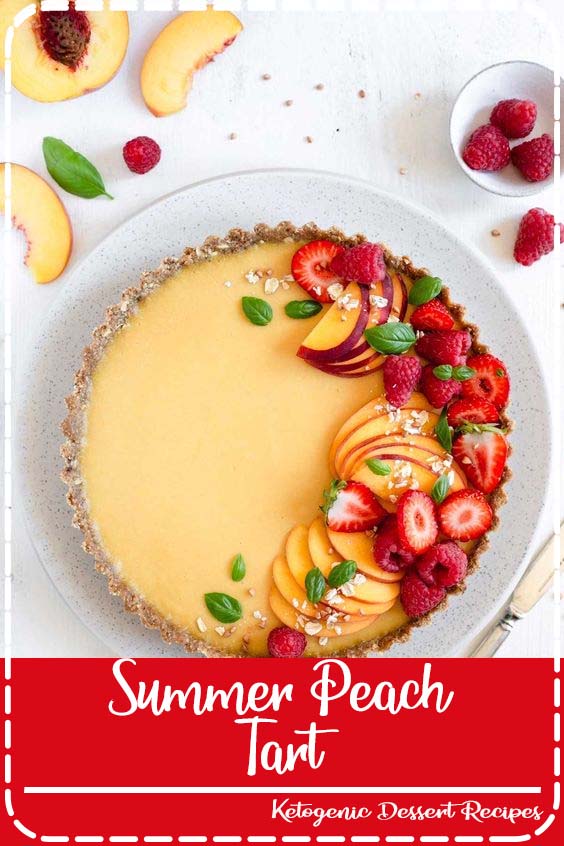 Easy recipe for delicious summer peach tart! Smooth and creamy filling on healthy and gluten-free crust, topped with fresh berries. All vegan and dairy-free