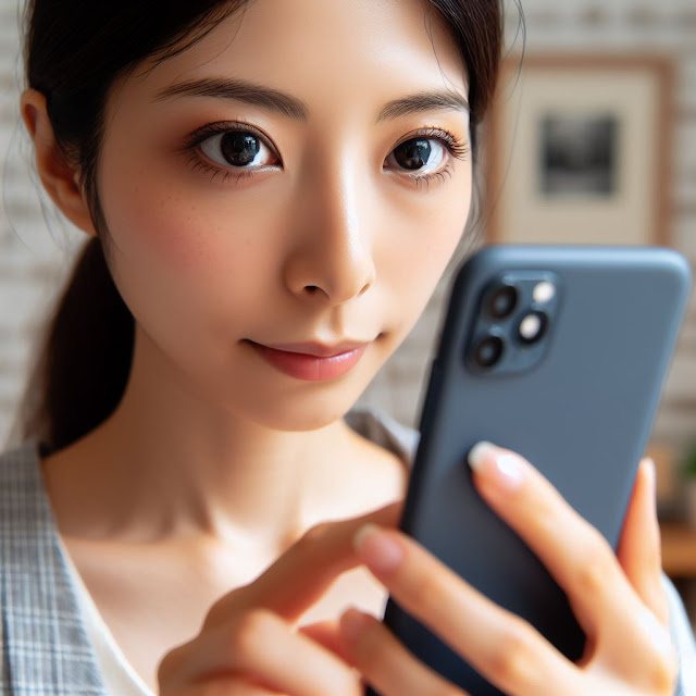 A person holding their smartphone at eye level and looking into the screen