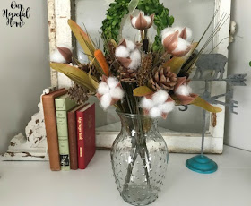 glass vase mantel decor cotton boll stems 