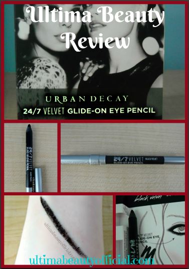 Collage of 5 images with text. Text reads: Ultima Beauty review Urban Decay 24/7 Velvet Glide-On Eye Pencil. Image 1 Urban Decay 24/7 Velvet Glide-On Eye Pencil packaging; image 2 opened eyeliner without cap; image 3 capped eyeliner; image 4 eyeliner swatch; image 5 uncapped eyeliner on face chart from packaging