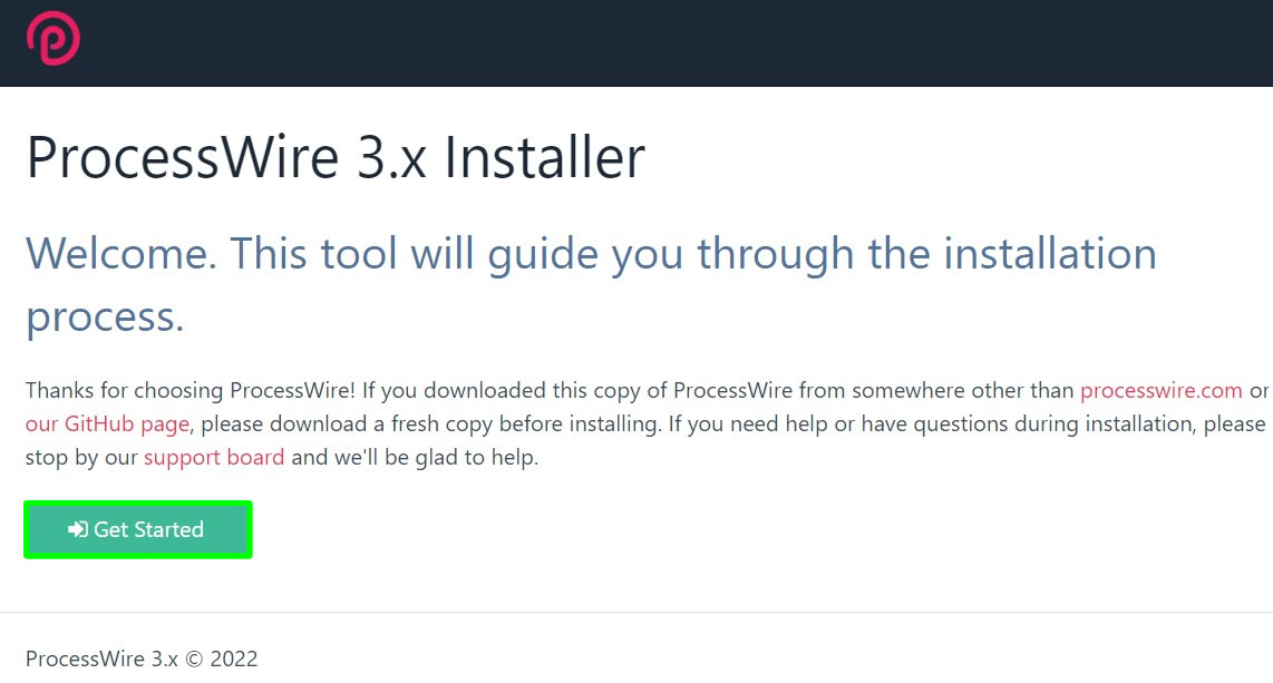 processwire installation welcome page