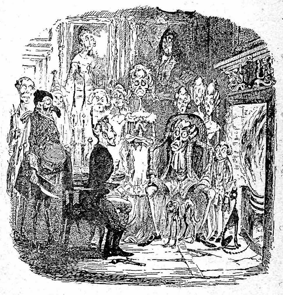 a George Cruikshank drawing of a man joined by ghosts at his fireplace