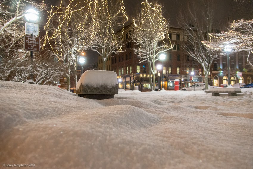 Portland, Maine USA January 2018 photo by Corey Templeton. A snow-covered scene in the Old Port's Post Office Park from last week. 