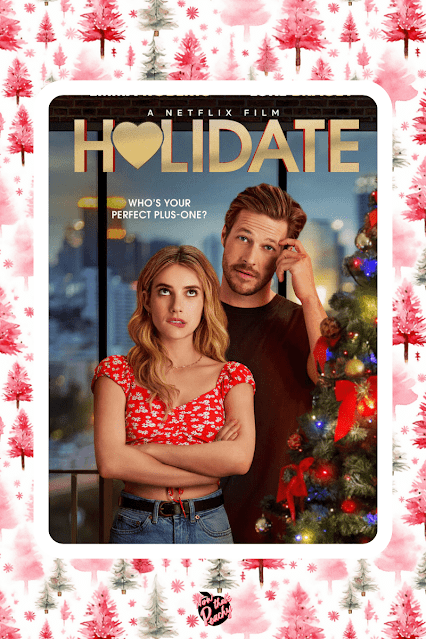 'Holidate' movie cover, A Girl's Guide to Best Christmas Rom-Com Banner love romance in pink red and white Holiday Christmas theme pattern