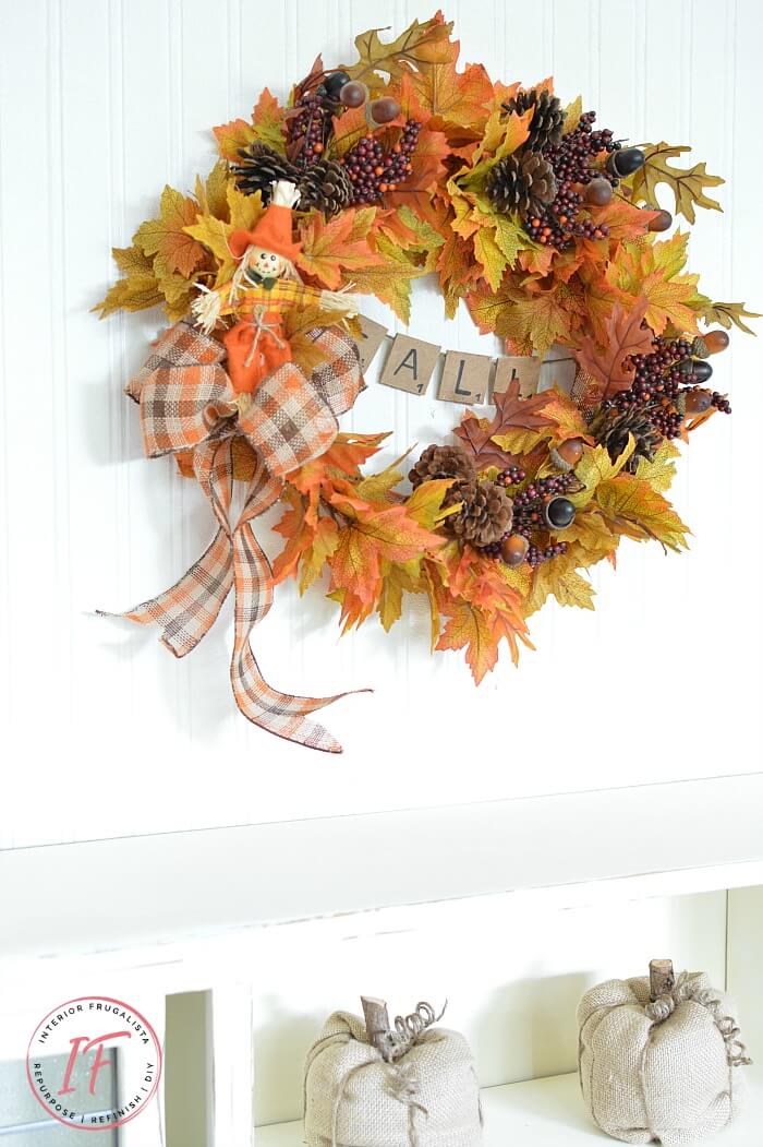 How to make an easy peasy traditional Fall Wreath with mini game tile banner in less than an hour with fall floral picks for the 2015 Fall Ideas Tour