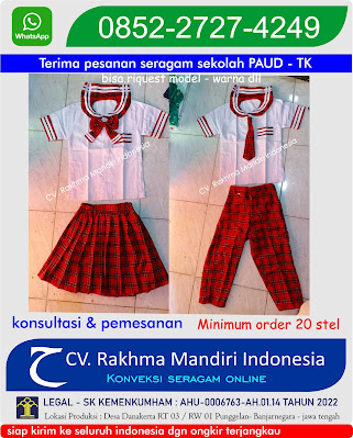 seragam tk korea–kualitas terbaik-desain seragam sekolah tk gaya anak korea Harga Rp150.000,- baju laki laki perempuan-model baju lengan pendek, baju warna putih polos model kerah pelaut kotak kotak warna merah list putih, ujung lengan variasi kotak kotak, celana laki laki Panjang kotak kotak merah lurik hitam - Rok perempuan pendek model rimpel kotak kotak warna merah – dasi kupu kupu – jenis kain baju oxford, kain celana dan rok : kotak acrylic– kelebihan : tekstur kain tebal, menyerap keringat, warna cerah, tidak luntur desain logo : bordir logo tk, Sistem pembelian : pesan online / pre order, ongkir : diskon murah, di produksi oleh : CV. Rakhma mandiri Indonesia KODE PRODUK BTKP-07