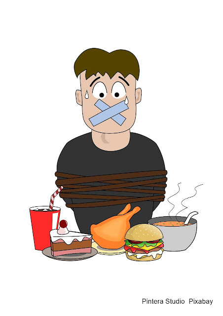 Desenho humoristico de homem com comida à sua frente com a sua boca fechada por adesivo.