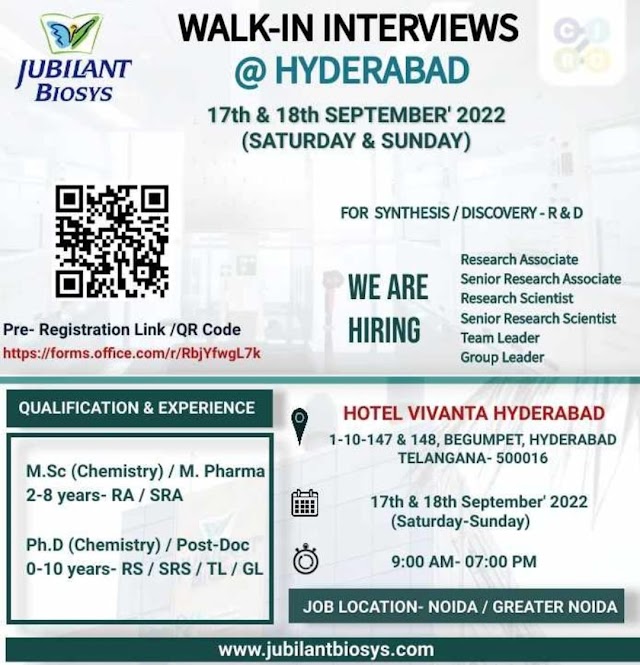 Jubilant Biosys | Walk-in interview at Hyderabad for Synthesis/Discovery R&D on 17th & 18th September 2022