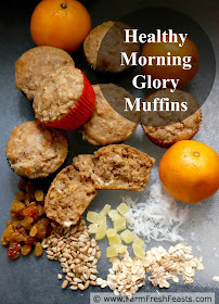 This recipe combines oats, orange juice and raisins with the sweetness of maple syrup plus crunch from coconut and sunflower seeds in a whole grain muffin that is free of refined sugar.
