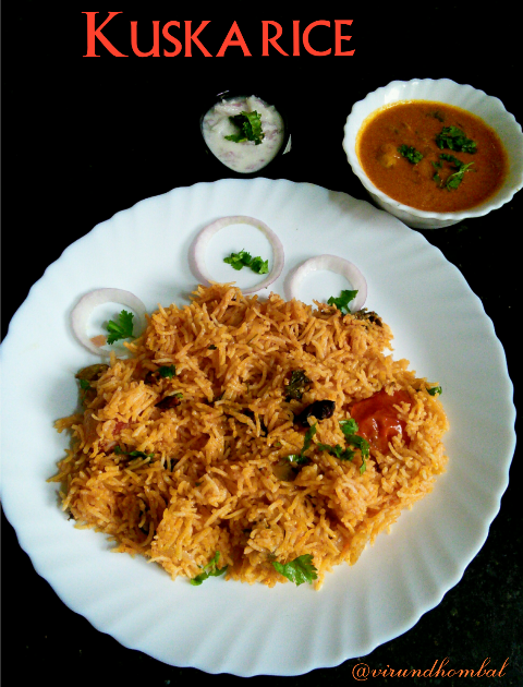 Kuska - One pot aromatic rice cooked with coconut milk and whole garamasala. Easy, delicious and flavourful rice within an hour. In this recipe, I used onions, tomatoes, ginger garlic paste, coriander leaves, mint leaves and spices. The coconut milk adds a certain richness to this rice. If you do not prefer to add coconut milk, then skip it. I have used all the other ingredients in minimal quantities so that the rice becomes more flavourful after it sits for a while and its delicious to serve at room temperature. The best side dishes for this rice are any kurmas made in thin consistency and onion raita. I don't prefer to cook this recipe on a pressure cooker. If you are in a hurry, then cook with 1 cup coconut milk and 1/2 cup water. Everything cooks together in one pot, the rice is really flavourful and tasty. Make sure you have all  ingredients ready before you begin. Now let's see how to prepare this rice with step by step photos. Check out my other rice varieties with step by step photos.