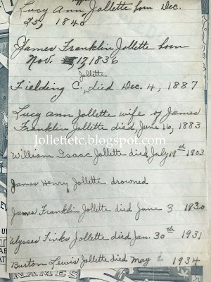 Stapled page of information about Mary Frances Jollett's family https://jollettetc.blogspot.com