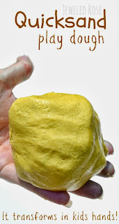 Amazing quicksand play dough - it is mold-able but turns to liquid when kids hands are still.  This recipe for play requires just a couple ingredients and NO COOKING!
