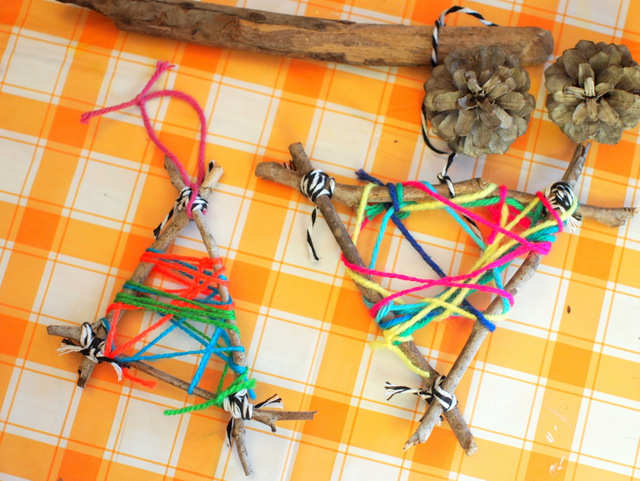 wrap yarn around the stick ornaments to make twig art ornaments