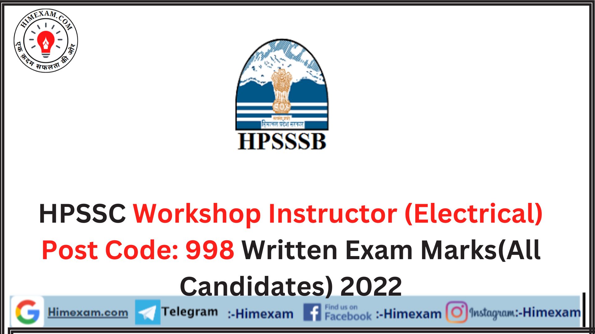 HPSSC Workshop Instructor (Electrical) Post Code: 998 Written Exam Marks(All Candidates) 2022