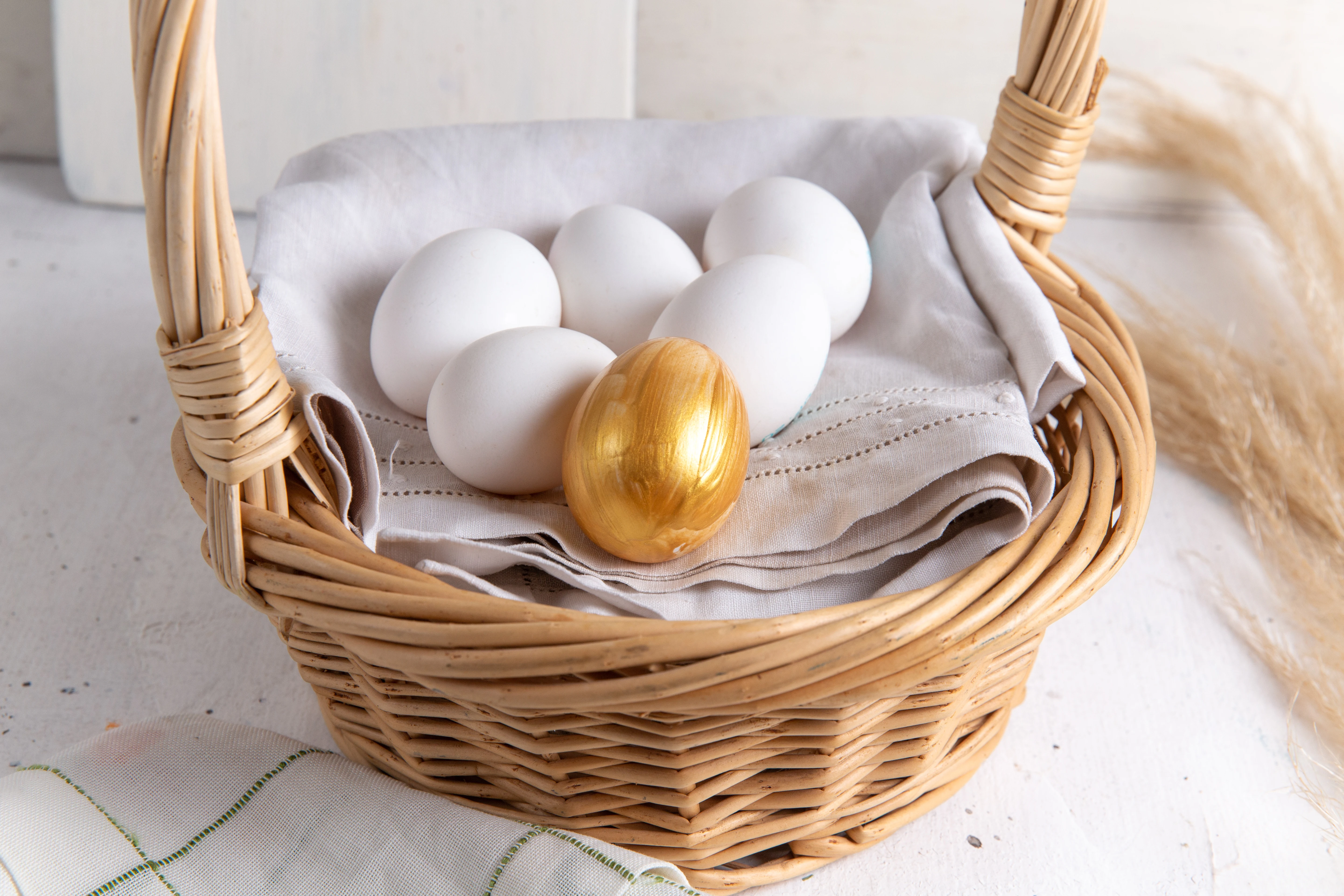 Eggs in a basket representing stocks in a portfolio with golden egg represents best stock