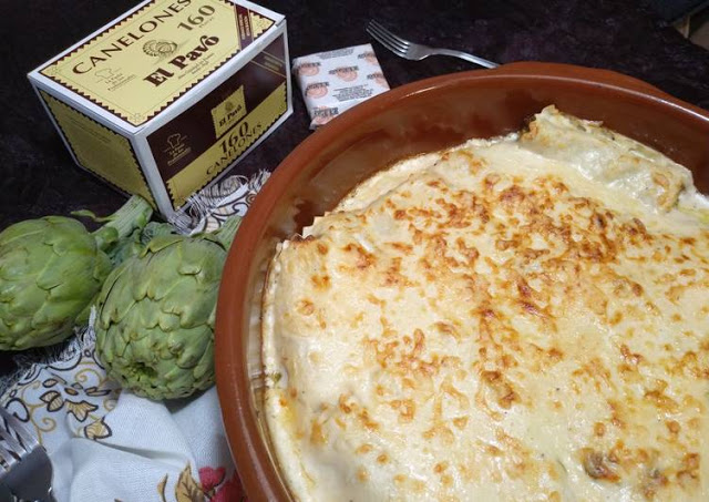 Canelones de alcachofas y butifarra