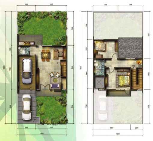 Denah rumah minimalis ukuran 8x18 meter 2 kamar tidur 2 lantai