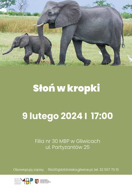 Plakat promujący spotkanie. U góry rodzina słoni.