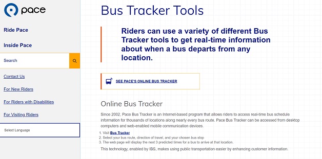 Screenshot from Pace Bus Tracker Tool online