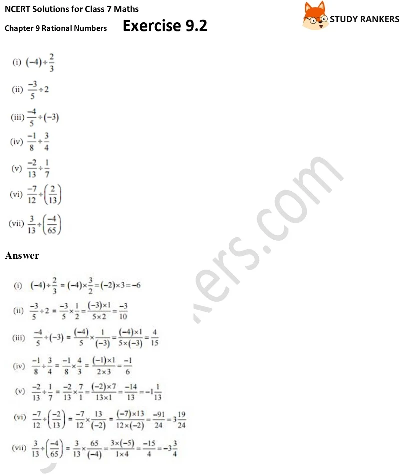 NCERT Solutions for Class 7 Maths Ch 9 Rational Numbers Exercise 9.2 5