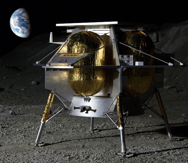 An artist's concept of Astrobotic's lunar lander on the surface of the Moon.