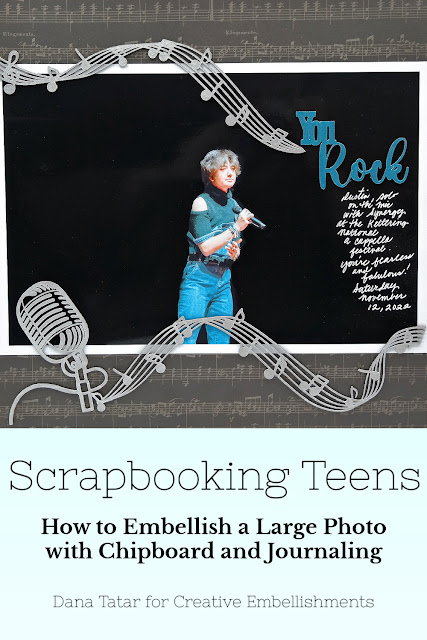 You Rock A Cappella Solo Scrapbook Layout with Chipboard Music Notes, Title, and Microphone on an Oversized Photo.