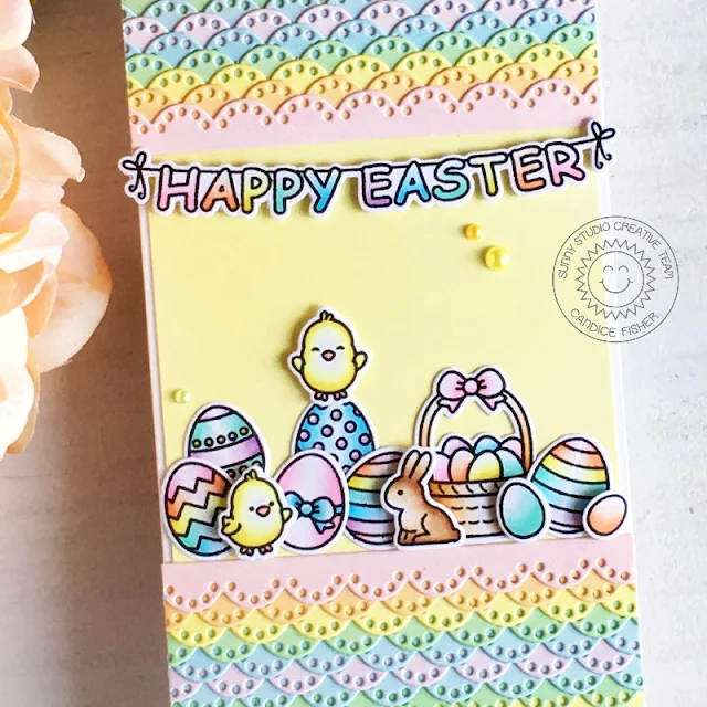 Sunny Studio Stamps: Eyelet Lace Border Dies Chubby Bunnies Chickie Baby Easter Card by Candice Fisher