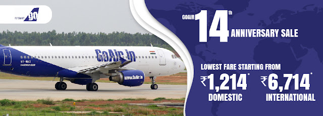 Lowest Fares starting at Rs 1,214*GoAir 14th Anniversary SaleJOIN THE CELEBRATIONS AT UNBELIEVABLE LOWEST DOMESTIC FARES STARTING AT RS 1,214 AND INTERNATIONAL FARES STARTING AT RS 6,714*More details:Booking period: 4th November - 6th November 2019 Travel Period: 13th November - 31st December 2019 Hurry, Book Now Terms & Conditions: Seats are limited and available on a first-come, first-serve basis. Flight Seats are subject to availability and fares are subject to change without prior notice. Date change, Rebooking, Refund charges and Cancellation charges will be applicable as per the fare rules. The terms and conditions of this offer are subject to change without any prior notice., GoAIr Sale, domestic and international air ticket, railway ticket, hotel booking - call us on 8000999660. aksharonline.com