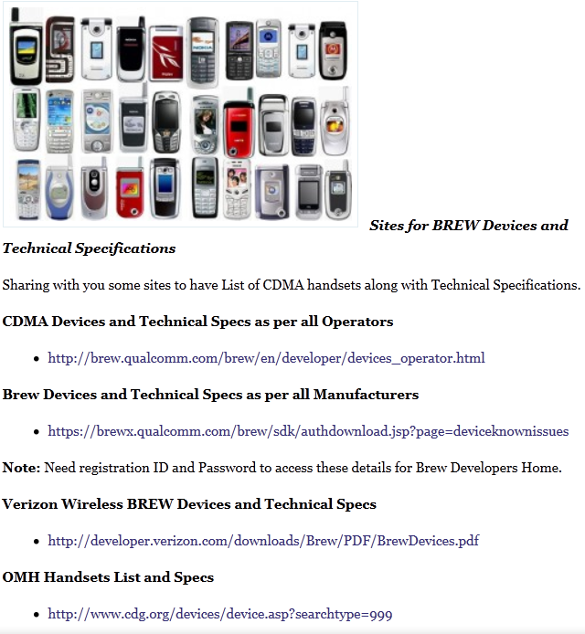 List of Sites for All BREW Handsets and Specs
