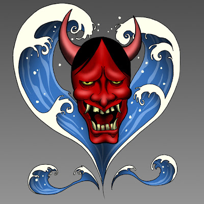 Creepy Hanya mask style! Another tattoo design for a character in a cover 