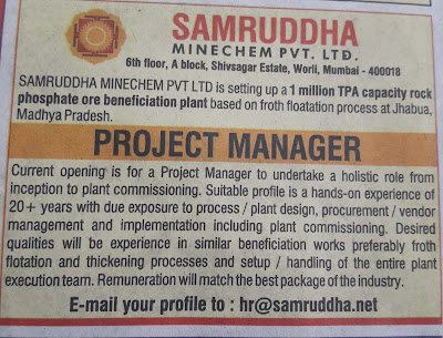 1. Project Manager Required for Jhabua, Madhya Pradesh for Samruddha Minechem Pvt Ltd., Mumbai