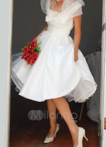 White Tea Length Satin Organza Mini Wedding Dress