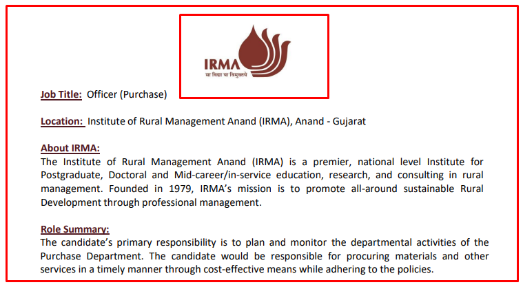 IRMA Recruitment for Officer (Purchase) Posts 2023