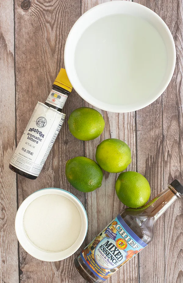 picture of the ingredients to make Caribbean lime juice or Jamaican lemonade.