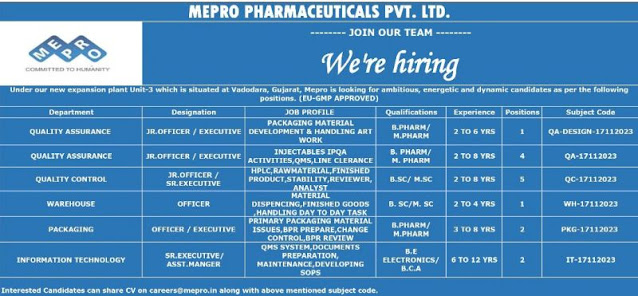 Mepro Pharma Hiring For QA/ QC/ Warehouse/ Packaging/ IT Department