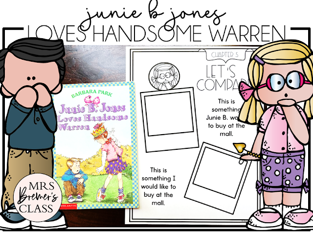 Junie B Jones Loves Handsome Warren novel study book activities unit with companion printables, reading comprehension worksheets, and literacy lesson ideas for First Grade and Second Grade
