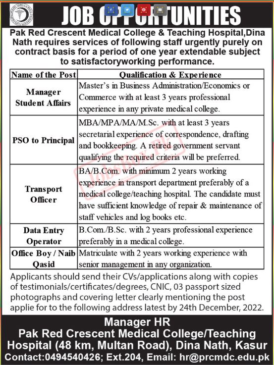 Pakistan Red Crescent Teaching Hospital Kasur Jobs 2022 - Latest Advertisement