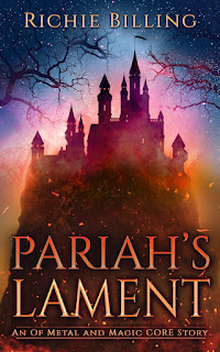 The book cover for Pariah's Lament by Richie Billing. Features a castle between bare tree branches. There is a golden glow despite the night sky.
