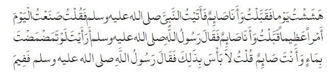 Pada suatu hari aku rindu dan hasratku muncul kemudian aku mencium istriku padahal aku sedang berpuasa, maka aku mendatangi Nabi shallallahu ‘alaihi wa sallam dan aku berkata, “Hari ini aku melakukan suatu kesalahan besar, aku telah mencium istriku padahal sedang berpuasa” Rasulullah shallallahu ‘alaihi wa sallam bertanya, “Bagaimana pendapatmu jika kamu berpuasa kemudian berkumur-kumur?” Aku menjawab, “Seperti itu tidak mengapa.” Kemudian Rasulullah shallallahu ‘alaihi wa sallam bersabda, “Lalu apa masalahnya