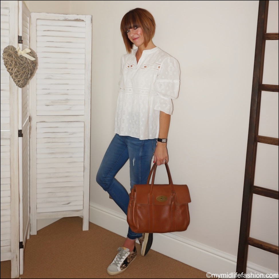 my midlife fashion, fracaomina jeans broderie anglaise blouse, mulberry bayswater, golden goose superstar low top leather trainers, j crew Point Sur straight leg jeans