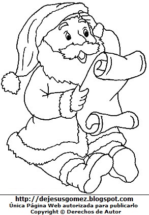 Dibujo de Papa Noel o Santa Claus para colorear pintar imprimir, Papa Noel viendo la lista de regalos que tiene que entregar. Dibujo hecho por Jesus Gómez