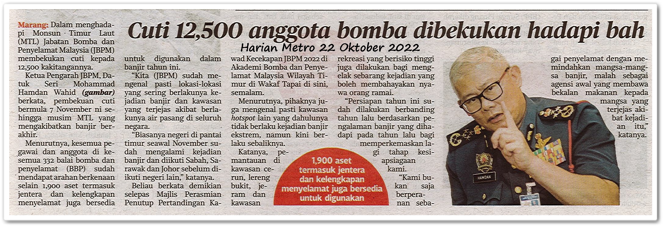 Cuti 12,500 anggota bomba dibekukan hadapi bah - Keratan akhbar Harian Metro 22 Oktober 2022